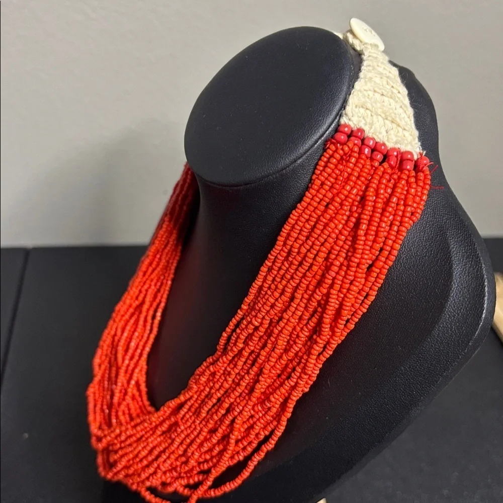 Handcrafted Crochet Coral Seed Bead Red Orange Beaded Necklace Boho